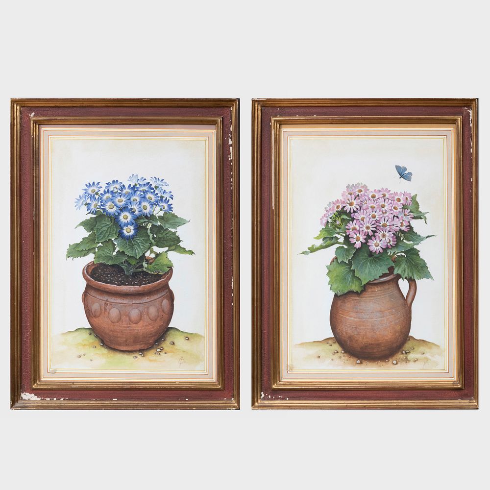 Appraisal: Jos Escofet b Blue Daisies in a Pot and Pink