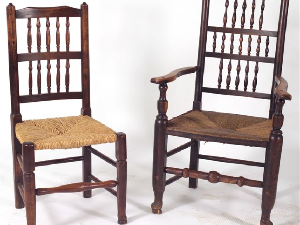 Appraisal: HARLEQUIN SET OF EIGHT LANCASHIRE OAK SPINDLE BACK DINING CHAIRS