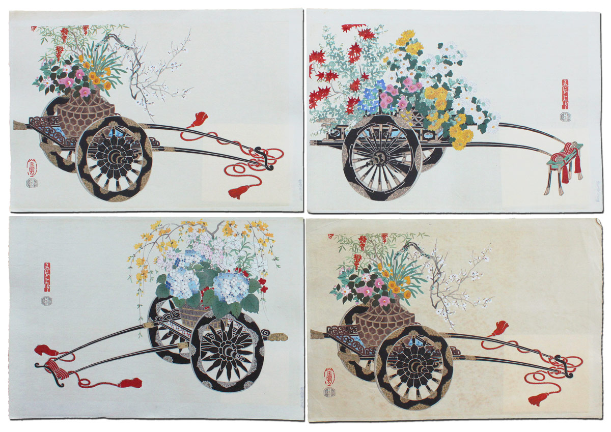 Appraisal: KINU TAKESHITA WOODBLOCK LOT TO INCLUDE ''Flower Cart in Autumn''