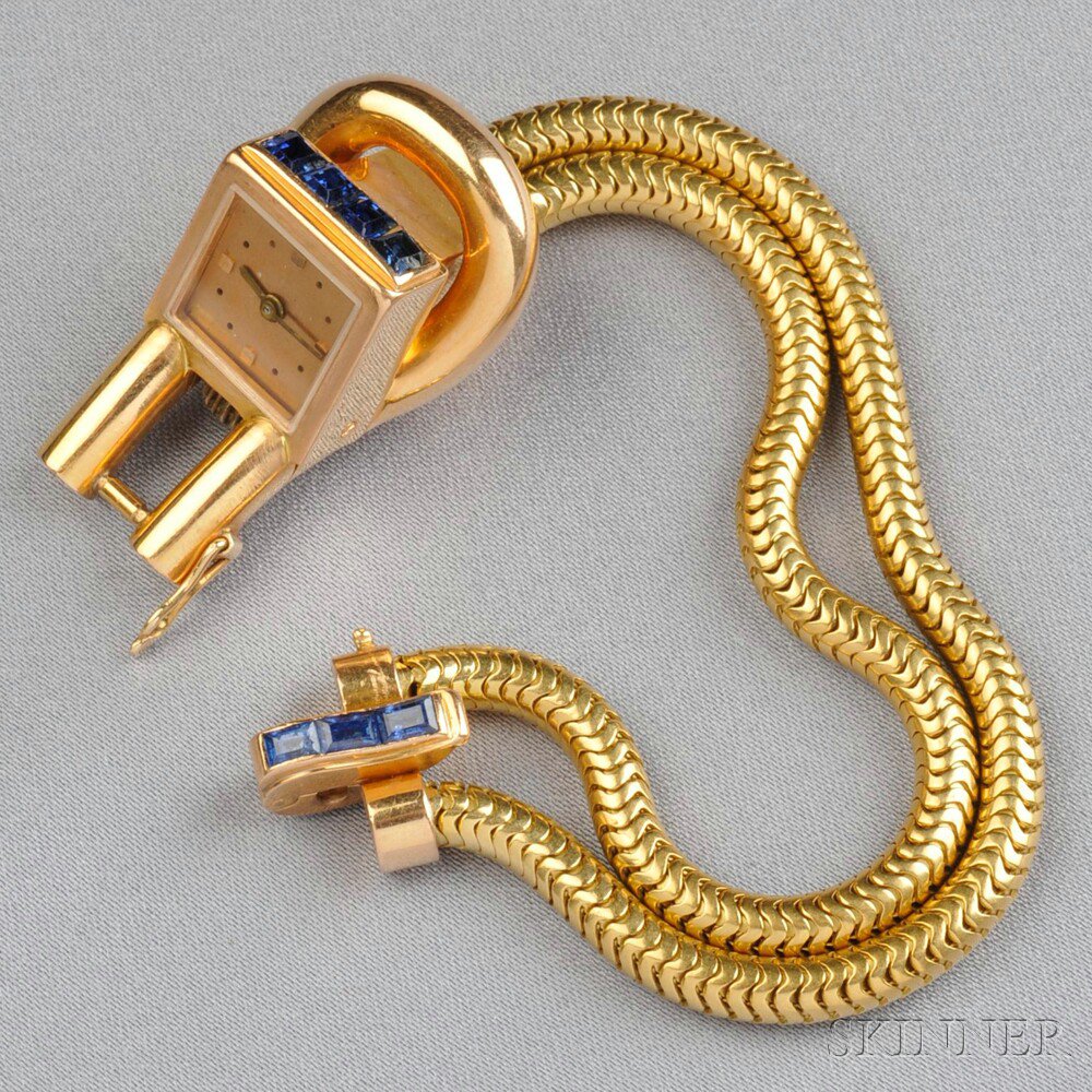 Appraisal: Retro kt Gold and Sapphire Wristwatch France the rose gold