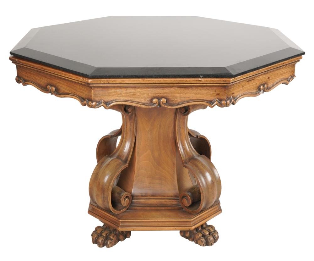 Appraisal: MARBLE CARVED WALNUT CENTER TABLEthe octagonal top with beveled edge