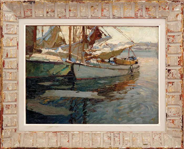 Appraisal: FREDERICK J MULHAUPT AMERICAN - WINTER GLOUCESTER HARBOR Oil on