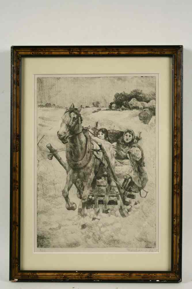 Appraisal: ETCHING - Two Women in Horse-drawn Sleigh by Pal Parkanyi