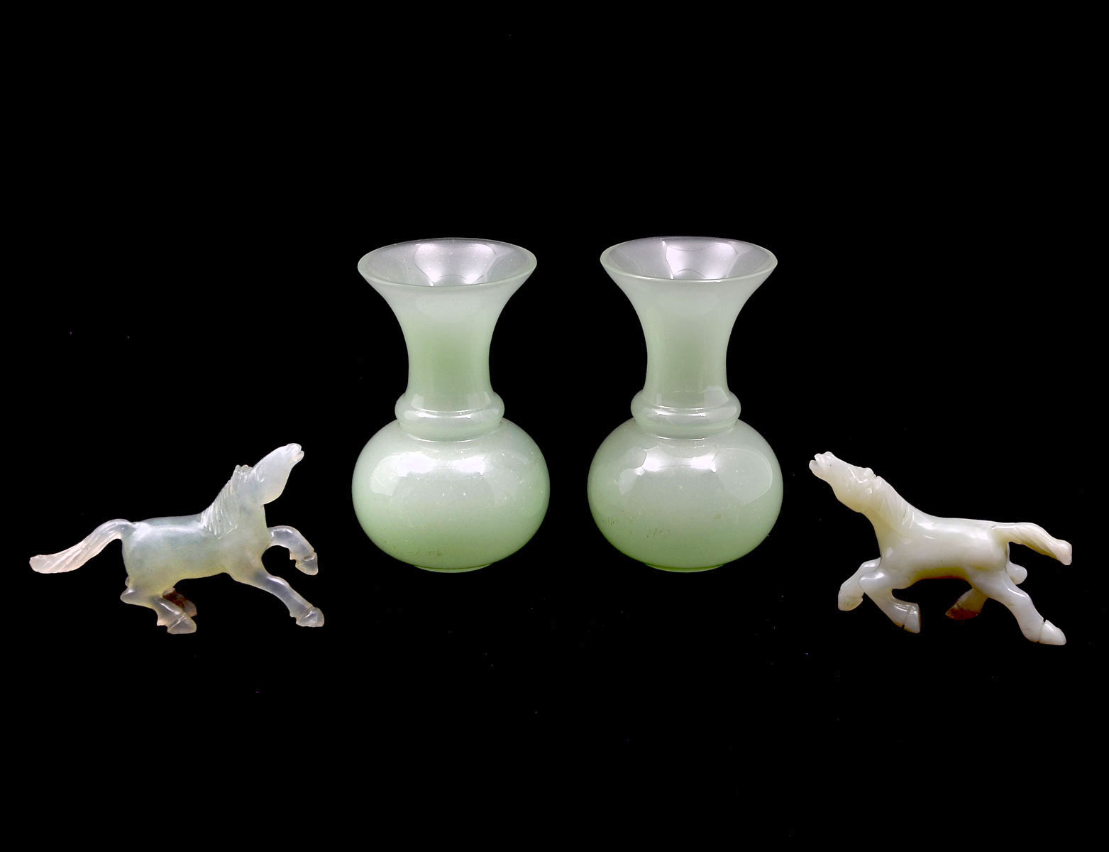 Appraisal: PC CHINESE JADE VASES AND HORSES Comprising - carved celadon