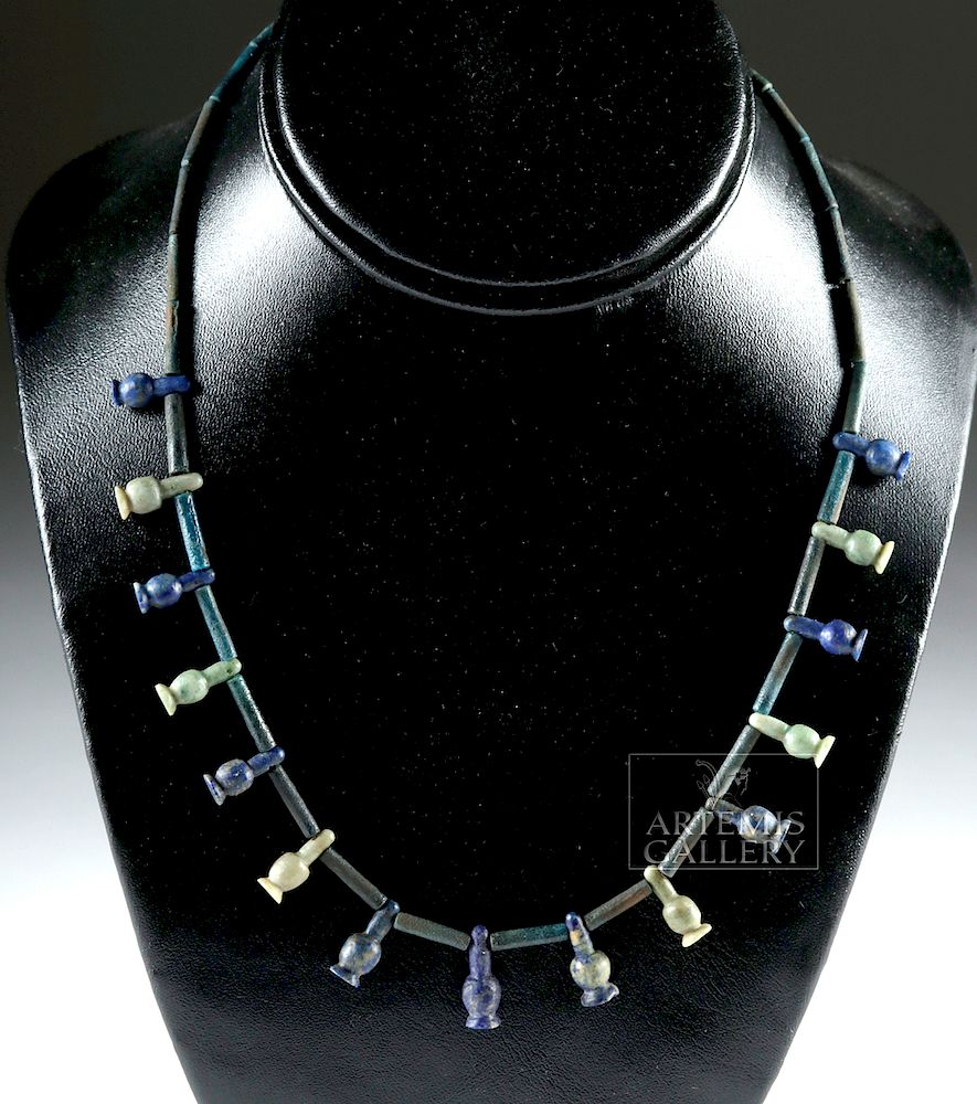 Appraisal: Egyptian Faience Lapis Necklace w Poppy Amulets Egypt Late Dynastic