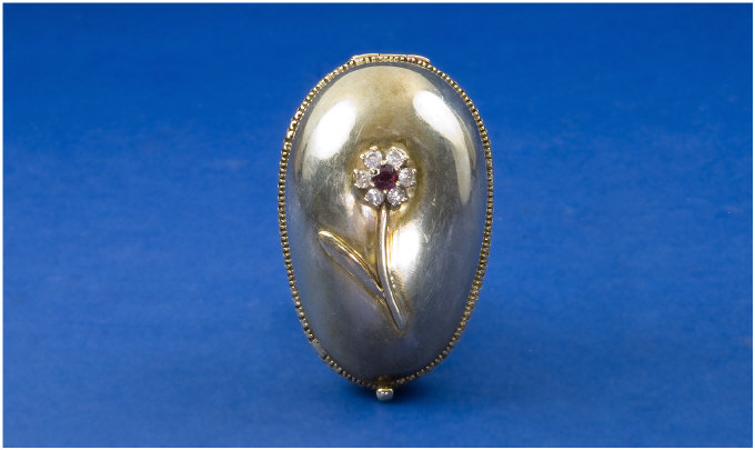 Appraisal: Silver Egg Shaped Hinged Box The Top With Applied Flower