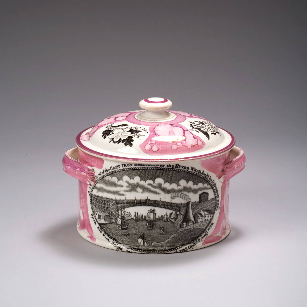 Appraisal: SUNDERLAND MOTTLED PINK LUSTRE AND BLACK TRANSFER-PRINTED BUTTER POT AND