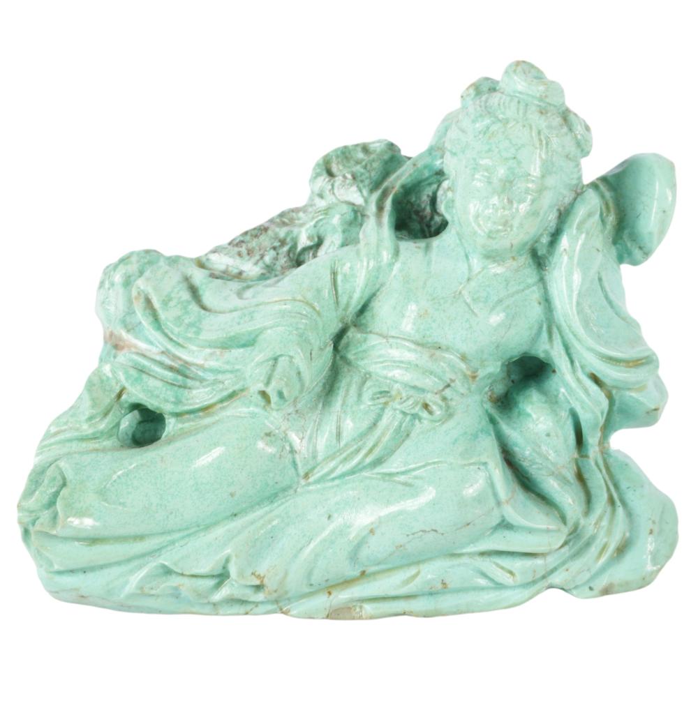 Appraisal: CHINESE TURQUOISE HARDSTONE CARVING OF A RECLINING FEMALE LADY FIGURE