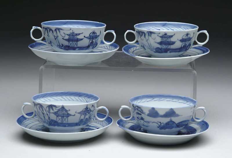 Appraisal: FOUR DOUBLE HANDLED BLUE AND WHITE CANTON SOUPS WITH UNDERLINERS