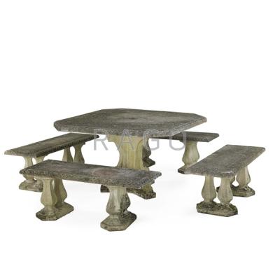 Appraisal: CONCRETE GARDEN SET Four benches and pedestal table outdoor patina