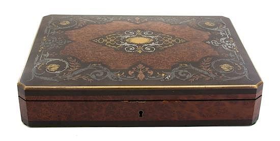 Appraisal: A French Brass and Silver Inlaid Burlwood Games Box Height