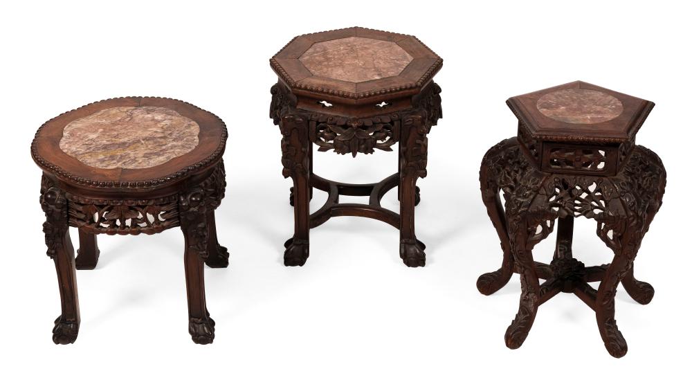 Appraisal: THREE CHINESE HARDWOOD TABORETS WITH INSET ROUGE MARBLE TOPS LATE