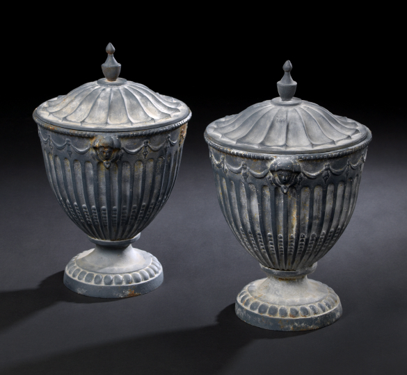 Appraisal: Pair of Neoclassical-Style Faux-Lead-Finished Cast-Iron Lidded Garden Urns each of