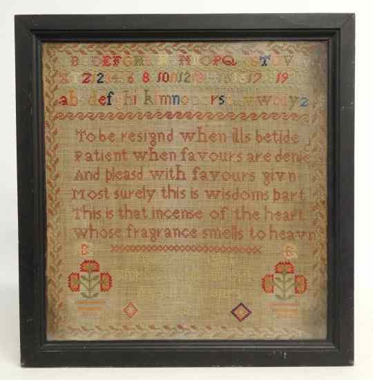 Appraisal: th c needlework sampler having numbers alphabet verse and name