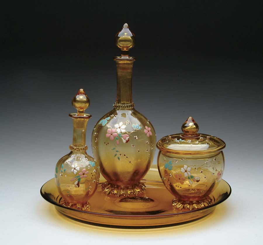 Appraisal: GALLE ENAMELED CONDIMENT SET Very fine condiment set consists of