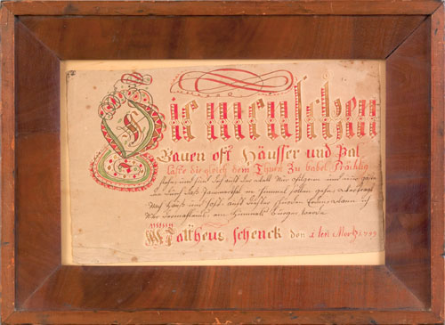 Appraisal: Ink and watercolor vorschrift dated for Mattheus Schenck x