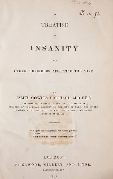 Appraisal: Prichard James C A Treatise on Insanity L Sherwood Gilbert