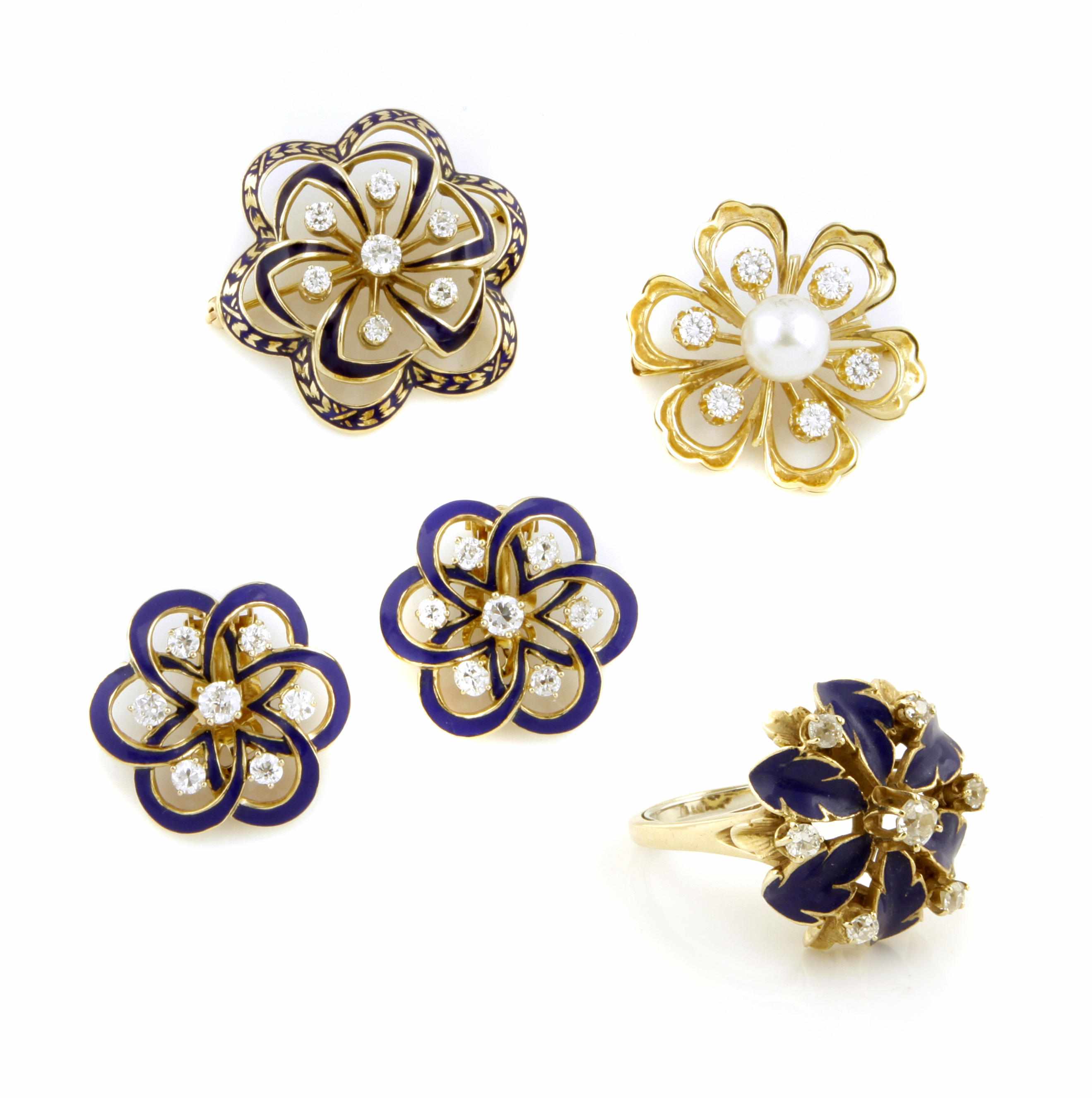 Appraisal: A collection of enamel diamond cultured pearl and gold jewelry