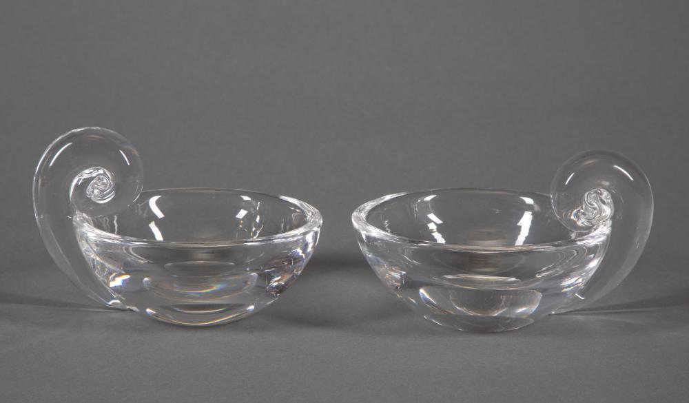 Appraisal: Pair of Steuben Glass Snail-Scroll Olive Dishes etched marks model