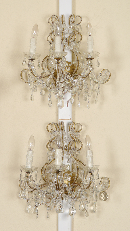 Appraisal: PAIR OF CRYSTAL WALL SCONCES light electric gilt metal framed