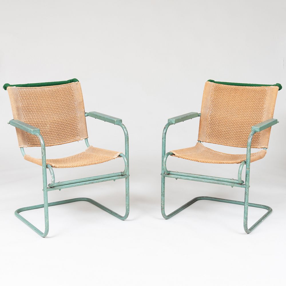 Appraisal: Pair of Modern Green Painted Metal and Wood Armchairs Upholstered