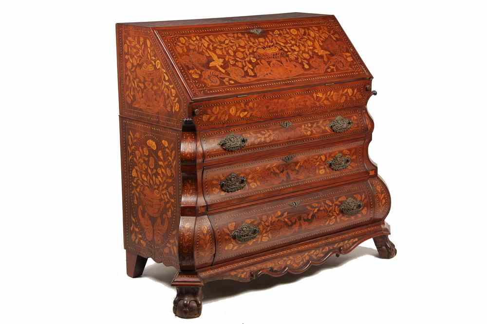 Appraisal: DUTCH MARQUETRY DESK - th c Dutch Bombe Marquetry Slant