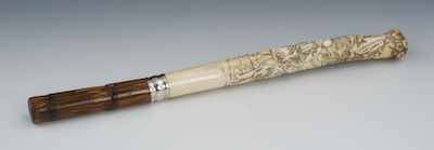 Appraisal: A Signed Carved Bone Parasol Handle Figural handle with bamboo