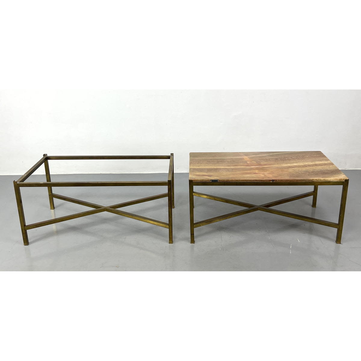 Appraisal: Pr Brass Square Tube Base Coffee Tables Frames with X