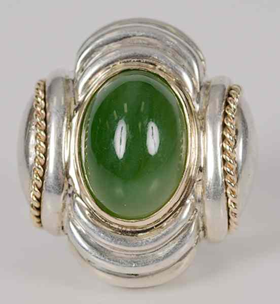 Appraisal: Large Sterling Silver Ring with Green Stone th century large