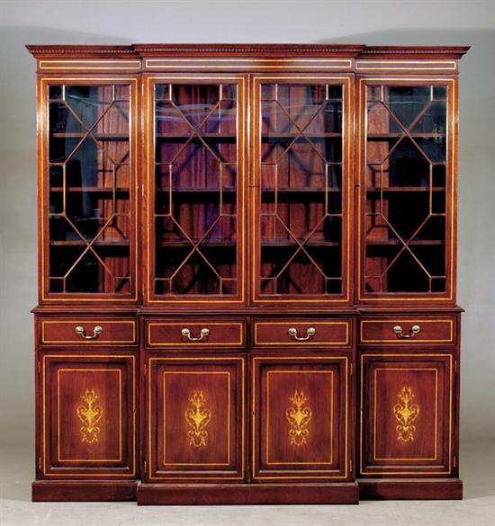 Appraisal: Edwardian style inlaid mahogany breakfront bookcase stepped dentil-molded crown over