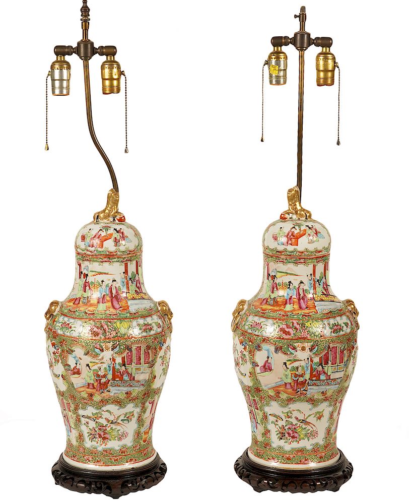 Appraisal: Pair of Rose Medallion Lamps on Reticulated Bases Pair of