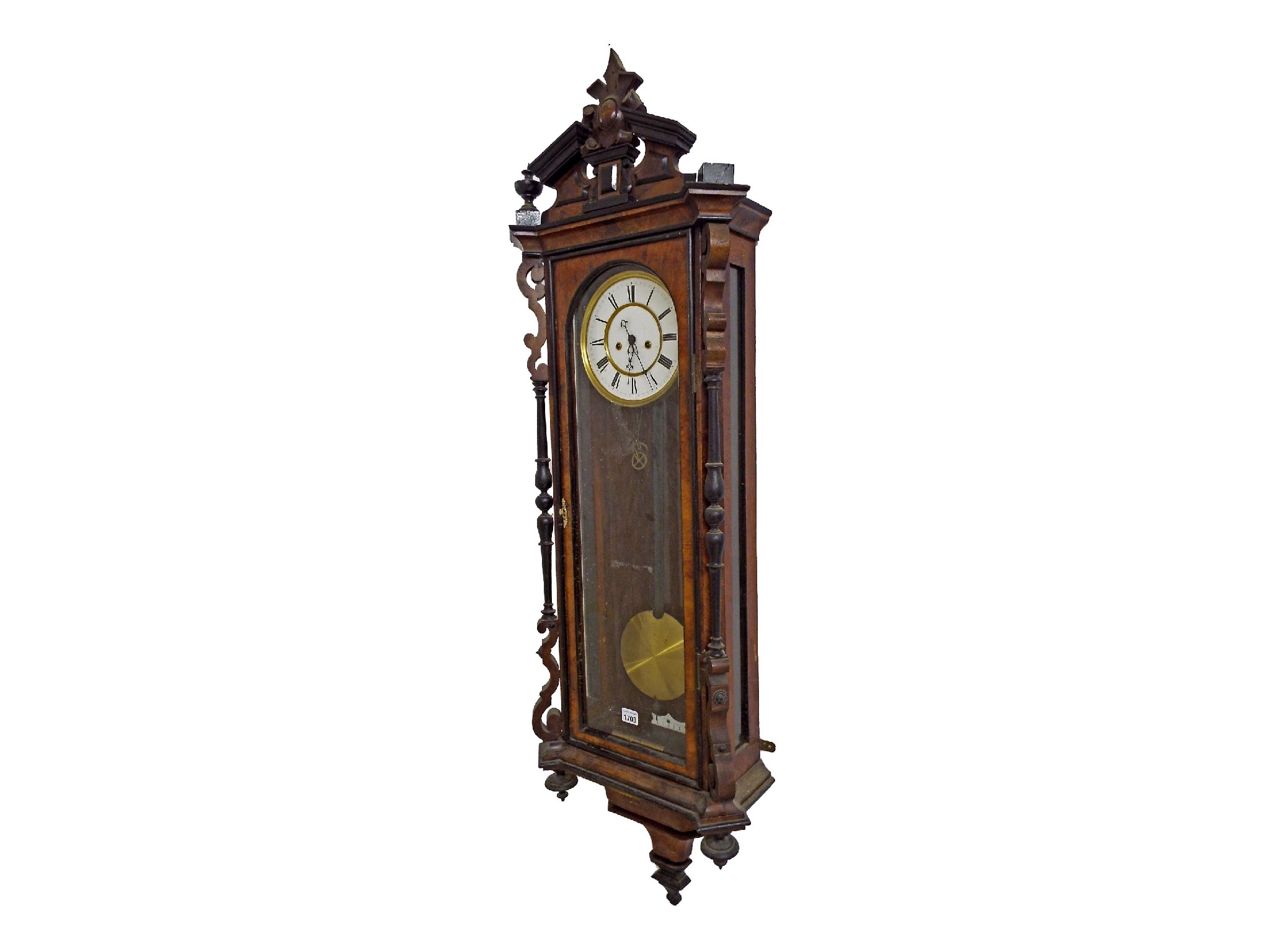 Appraisal: Walnut and ebonised Lenzkirch double weight Vienna regulator wall clock