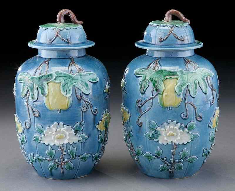 Appraisal: Pr Chinese Republic peacock blue porcelain jarswith flowers and squash