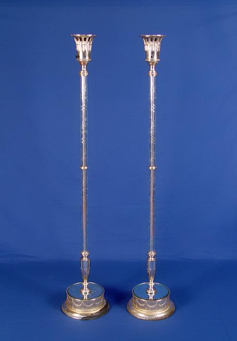 Appraisal: HOLLYWOOD REGENCY PAIR ETCHED GLASS MIRRORED BASE FLOOR LAMPS Silvered