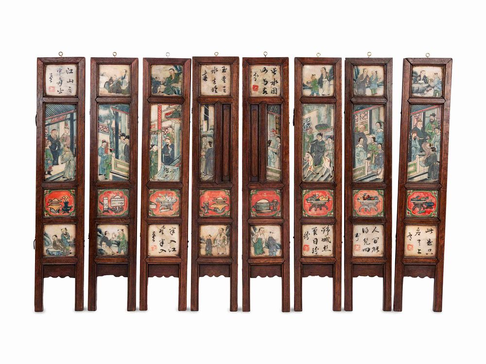 Appraisal: A Chinese Painted and Hardstone Inset Wood Eight-Panel Table Screen