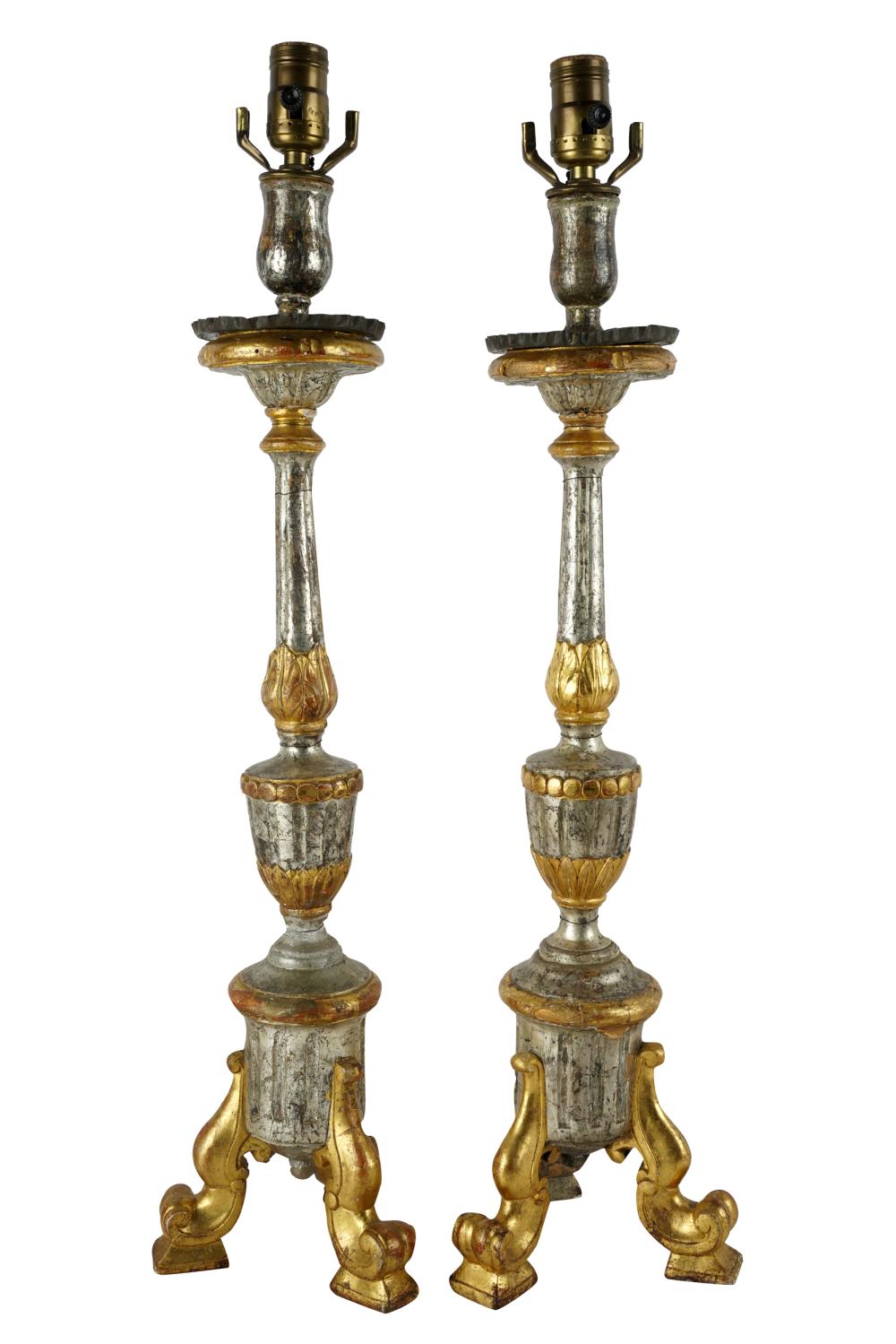 Appraisal: PAIR OF GILT SILVERED ALTAR STICKSCondition mounted as table lamps