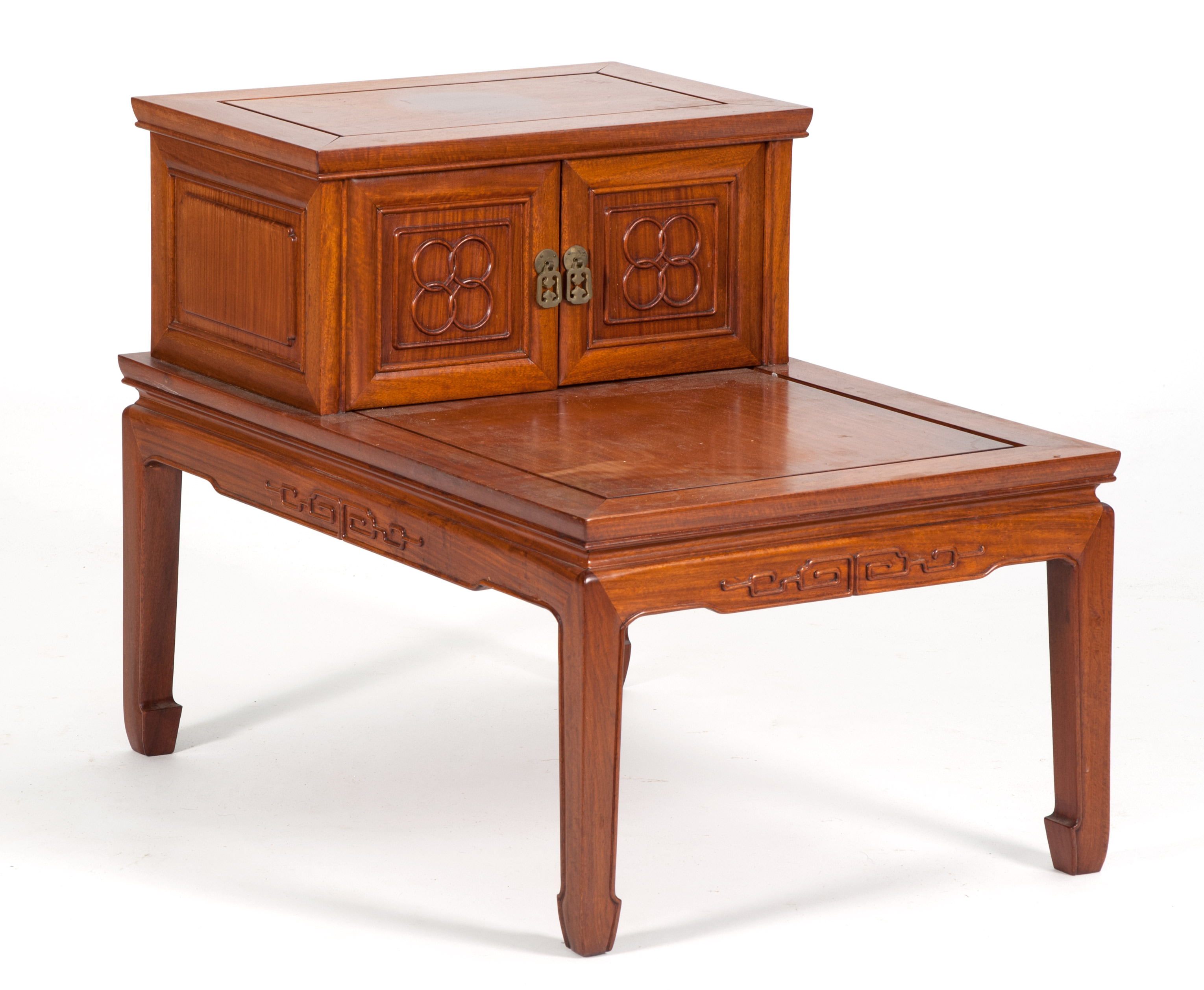 Appraisal: TH CENTURY CHINESE STEPPED TEAKWOOD SIDE TABLE with carved doors