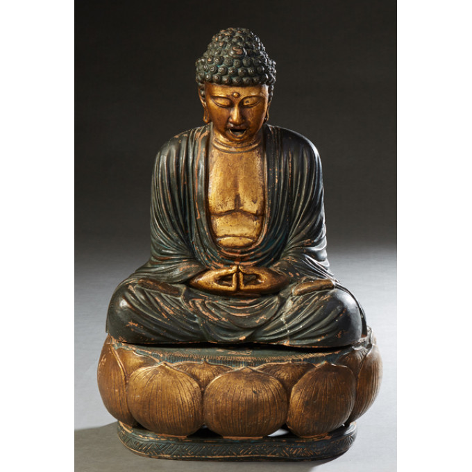 Appraisal: Chinese Patinated and Gilt Decorated Terracotta Seated Buddha th c