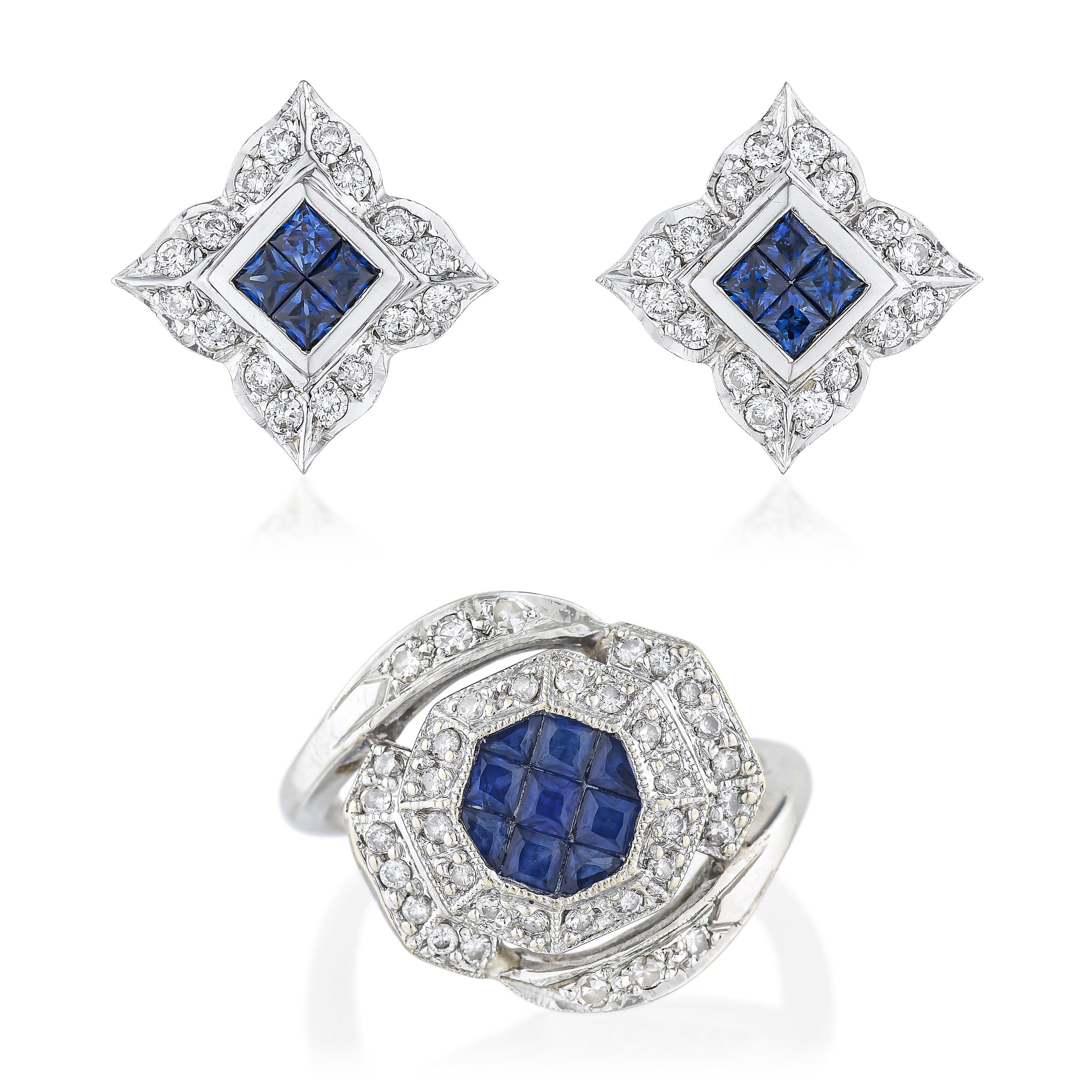 Appraisal: SAPPHIRE AND DIAMOND EARRINGS AND RING SET METAL K white