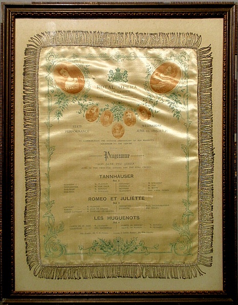 Appraisal: - Framed printed on silk Royal Opera State Performance broadside