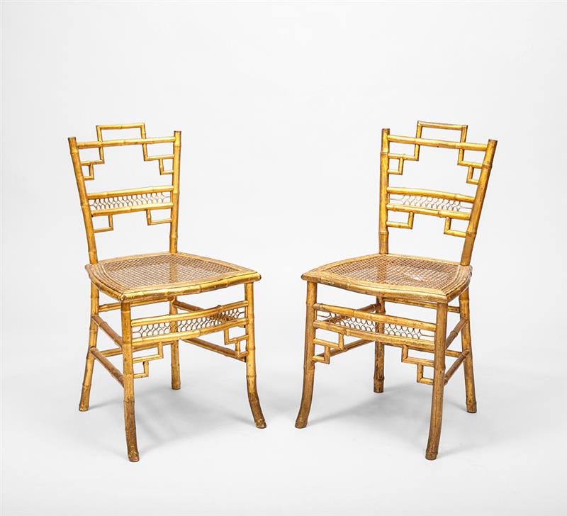 Appraisal: Pair of Napoleon III Gilt-Bamboo Ballroom Chairs With caned seats