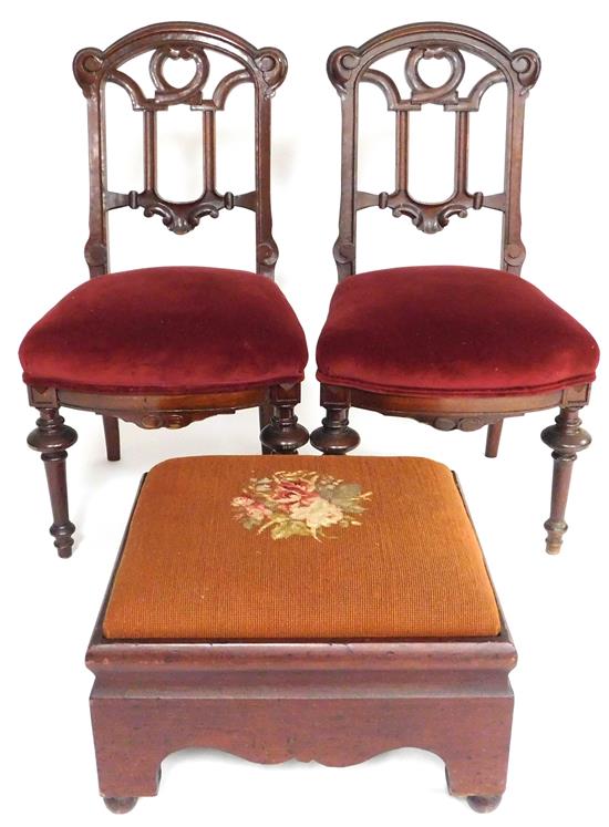 Appraisal: Three pieces of furniture pair Victorian mahogany side chairs pierced