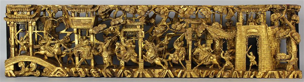 Appraisal: CHINESE GILTWOOD ARCHITECTURAL PANEL intricately pierced and carved with an