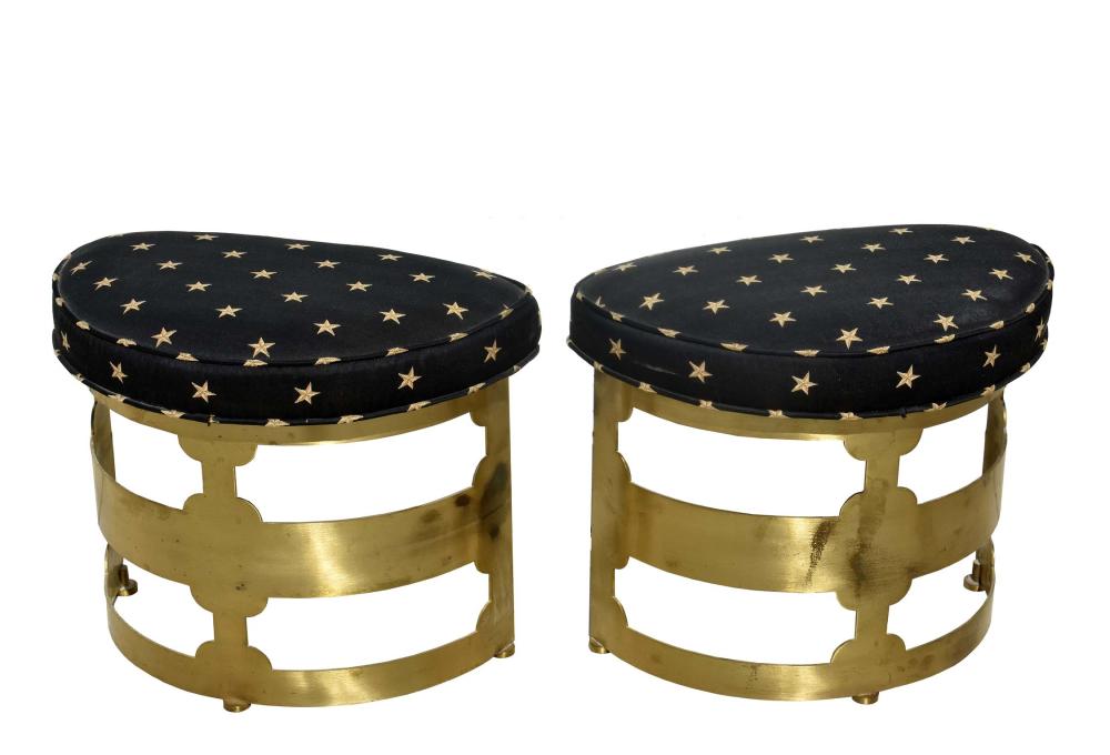 Appraisal: PAIR OF D-SHAPED BRASS STOOLSPossibly Mastercraft Upholstered in blue fabric