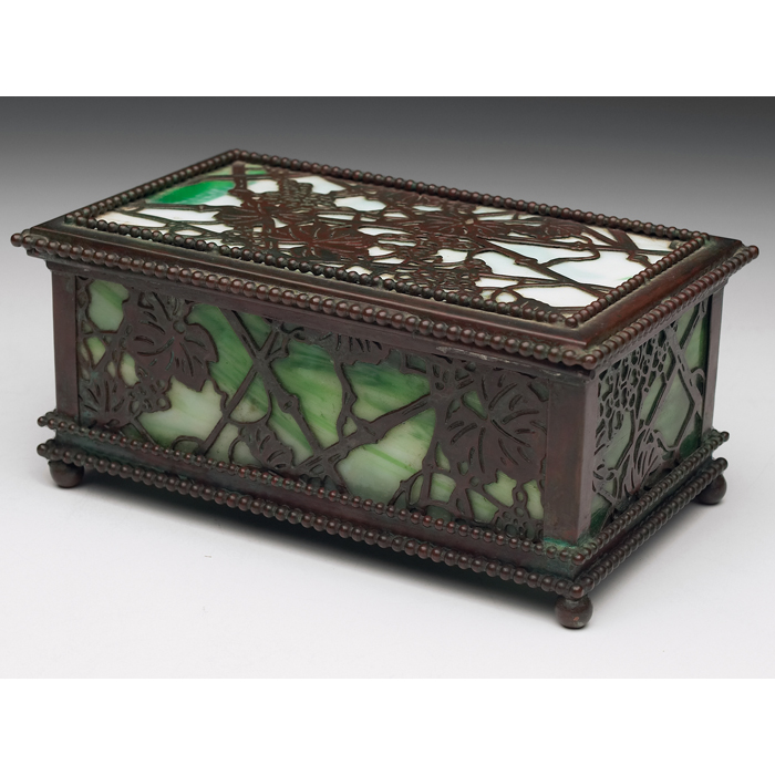 Appraisal: Tiffany Studios box bronze in thegrapevine pattern green blue and