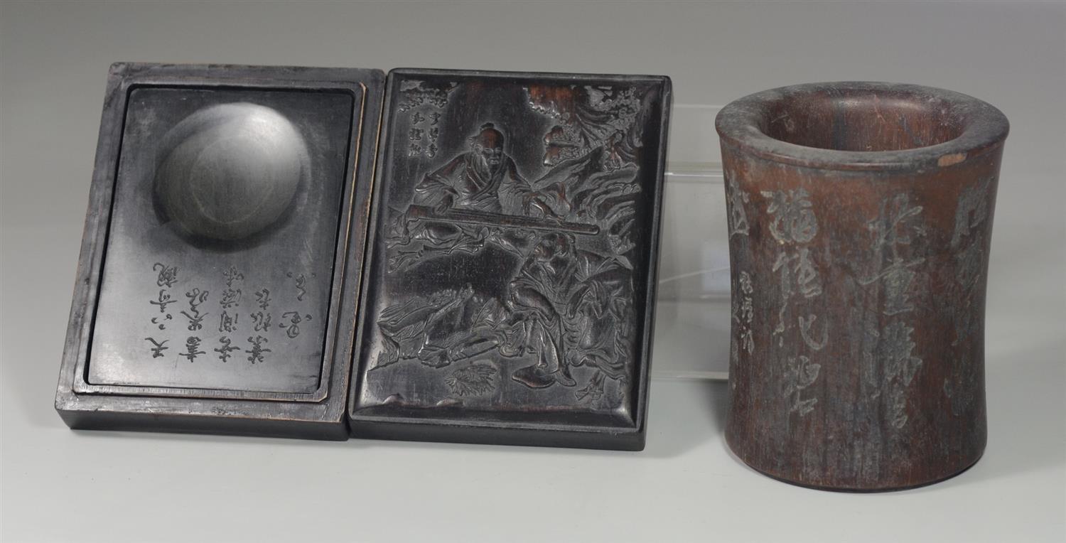 Appraisal: Chinese carved wood pieces to include brush pot with calligraphy