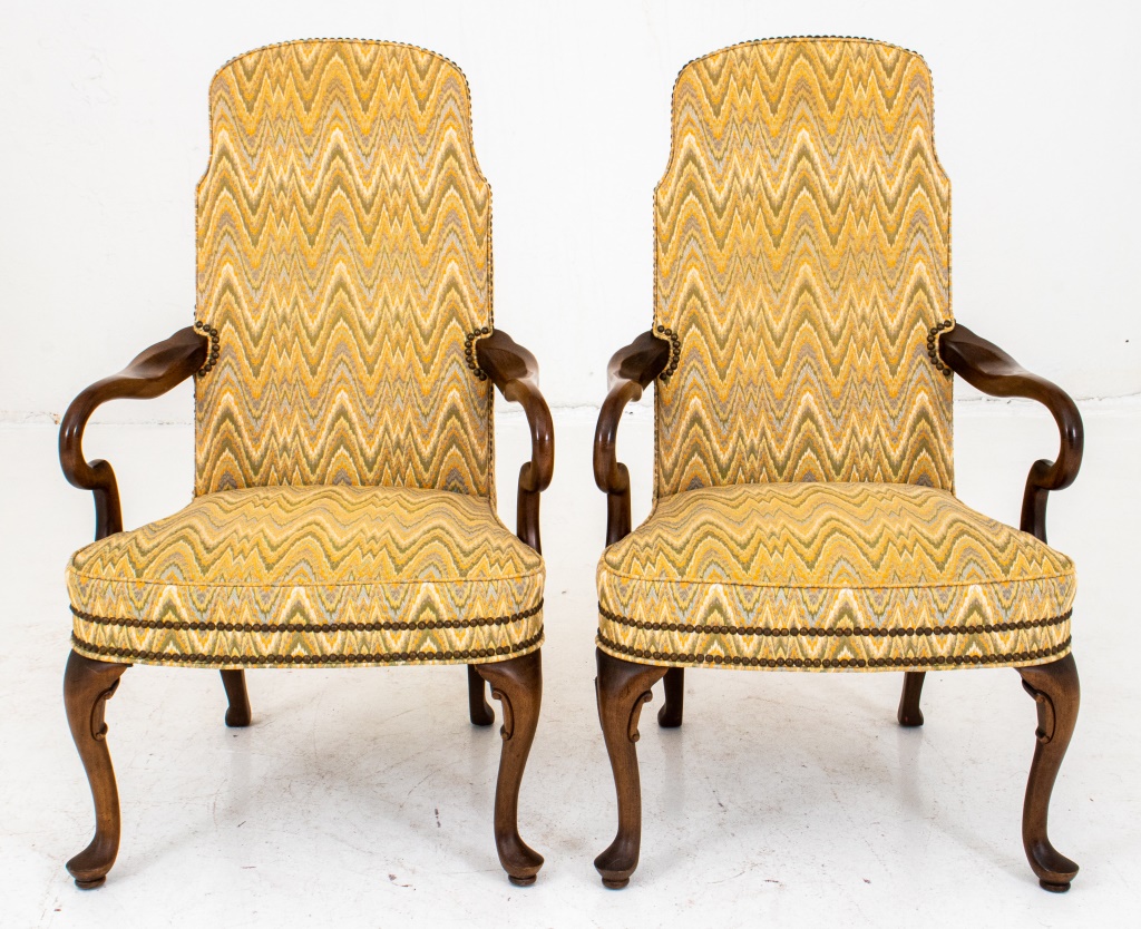 Appraisal: QUEEN ANNE STYLE UPHOLSTERED OPEN ARM CHAIRS PR Queen Anne