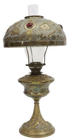 Appraisal: Brass hurricane kerosene table lamp early th c having repousse