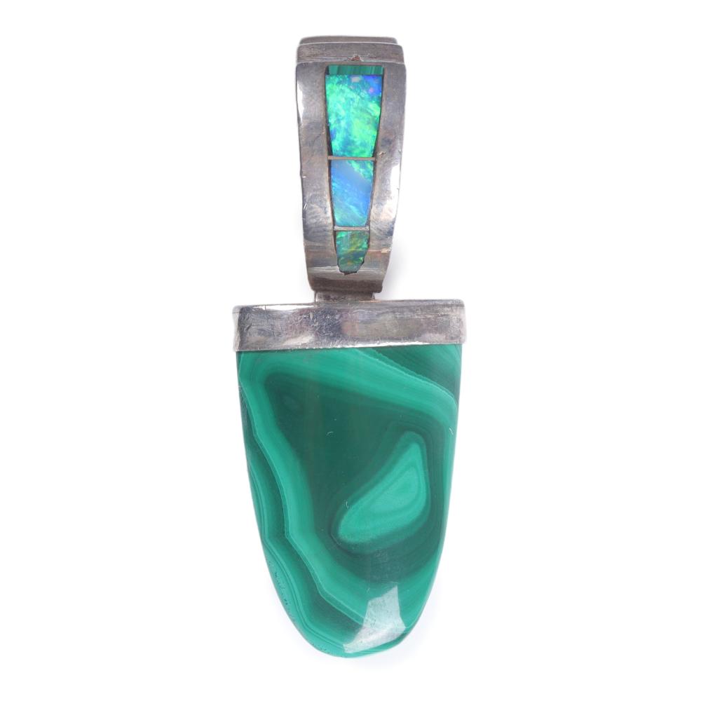 Appraisal: Sterling silver and malachite pendant with inlaid graduated fire opal