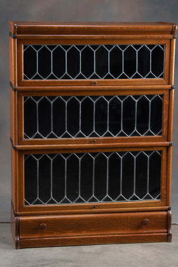 Appraisal: Antique oak leaded glass three stack Lawyer Bookcase circa -